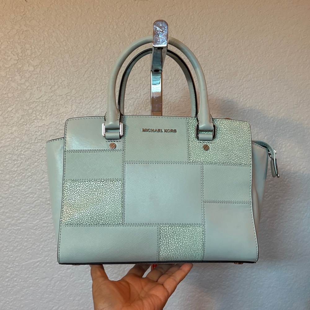 Michael Kors-Selma-Blu/Grn color, leather Patchwork Satchel crossbody strap NWT